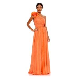 Mac Duggal Polka Dot Ruffled One Shoulder Gown in Tangerine